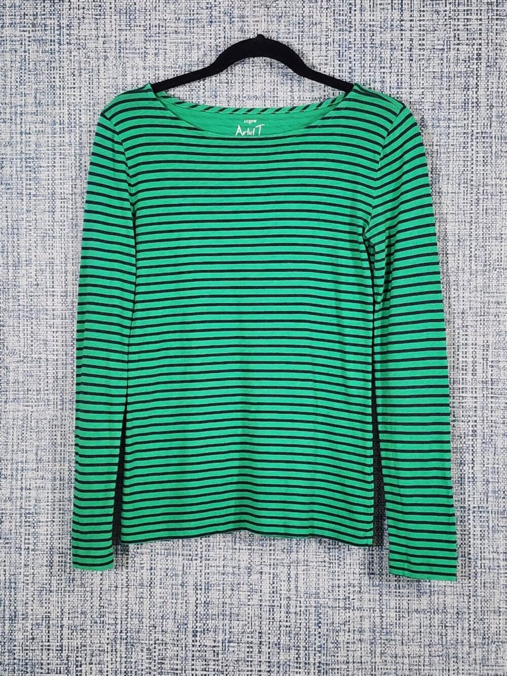 JCrew Artist Tee Top Womens XS Green Navy Blue Striped Long Sleeve Boatneck Cott